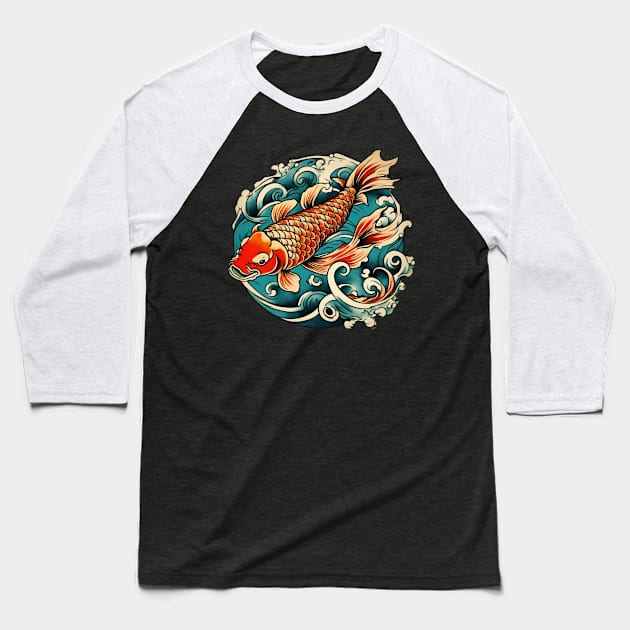 Ocean Waves Vintage Japanese Tattoo Art Koi Fish Baseball T-Shirt by Tina